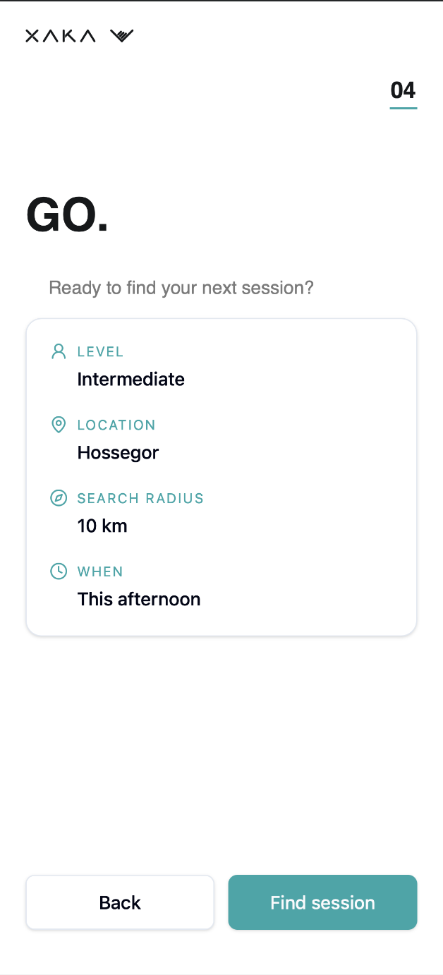 XAKA session recommendation screen